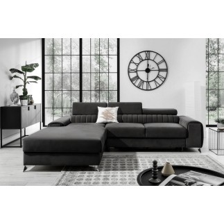 1er paiement de la commande: Canapé d'angle convertible en tissu velours luxe noir, 5 places, angle gauche (vu de face), 6x sans