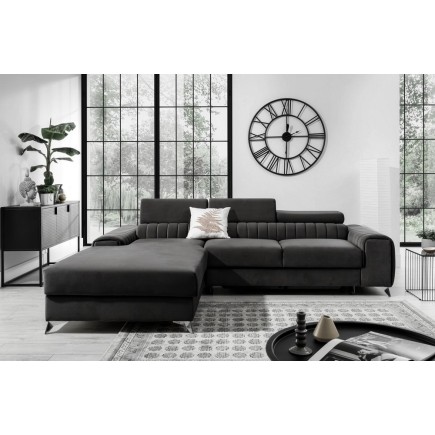 1er paiement de la commande: Canapé d'angle convertible en tissu velours luxe noir, 5 places, angle gauche (vu de face), 6x sans