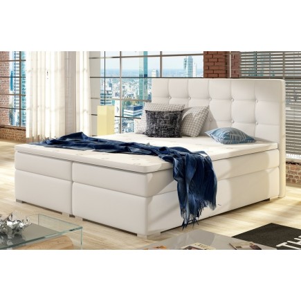 Ensemble boxspring complet tête de lit + sommiers + matelas + surmatelas INAYA de VENESETTI - simili cuir blanc cassé - 140x200