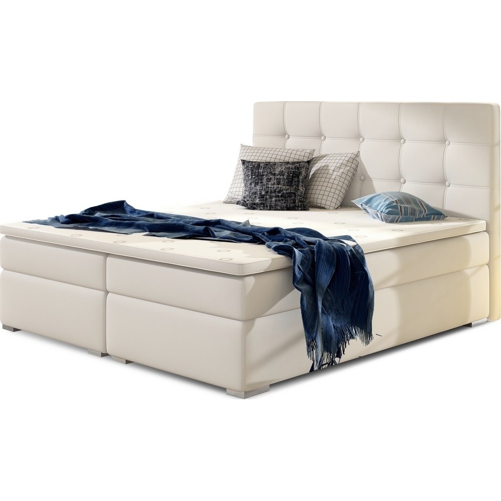 Ensemble boxspring complet tête de lit + sommiers + matelas + surmatelas INAYA de VENESETTI - simili cuir blanc cassé - 160x200 Ensemble boxspring complet tête de lit + sommiers + matelas + surmatelas INAYA de VENESETTI - simili cuir blanc cassé - 160x200