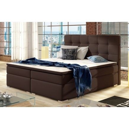 Ensemble boxspring complet tête de lit + sommiers + matelas + surmatelas INAYA de VENESETTI - simili cuir chocolat - 140x200 cm