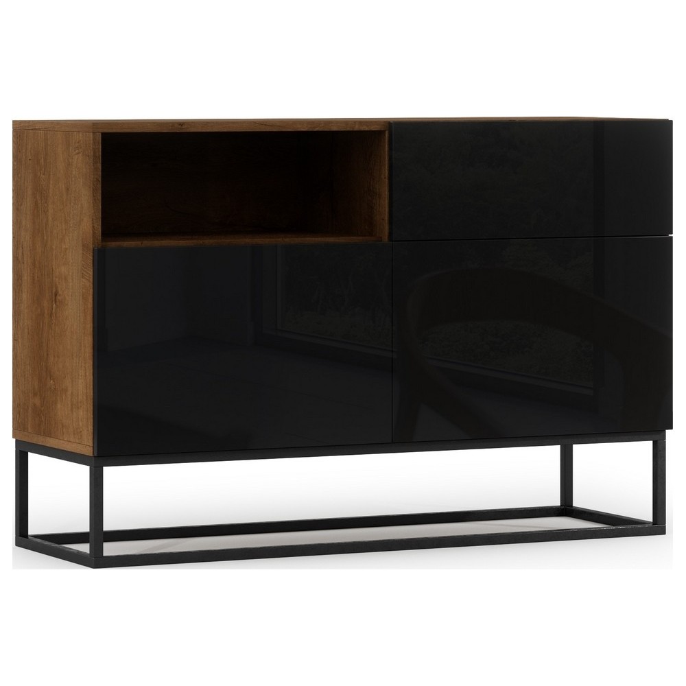 Commode - coloris chêne artisanal - façade noir brillant, Collection AVON Commode - coloris chêne artisanal - façade noir brillant, Collection AVON