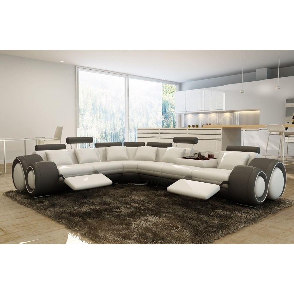 Canapé d'angle en cuir italien 7 places EXCELIA, blanc et gris foncé, angle gauche Canapé d'angle en cuir italien 7 places EXCELIA, blanc et gris foncé, angle gauche