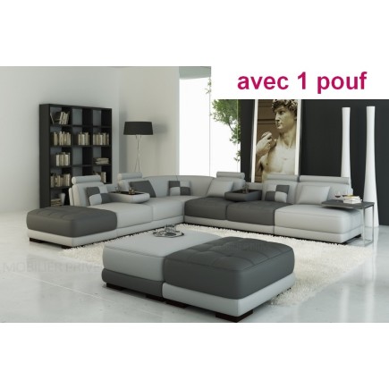 Canapé d'angle en cuir italien 6/7 places PETIT ELIXIR, gris clair et gris foncé, angle gauche