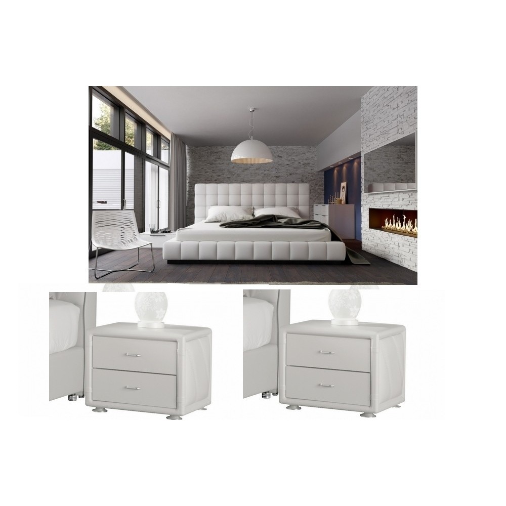 1er paiement de la comande: Lit design en cuir italien de luxe SILVER, blanc, 180x200, Chevet de belle qualité sandy, blanc, 6x