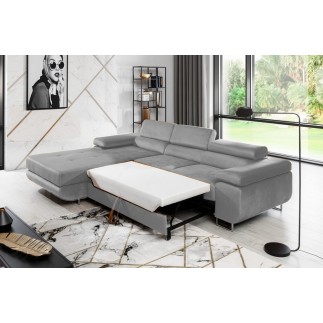 - Canapé d'angle convertible ARMEL en tissu velours luxe 5 places, couleur gris, avec coffre, angle gauche (vu de face)