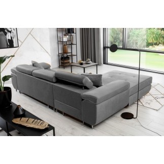 - Canapé d'angle convertible ARMEL en tissu velours luxe 5 places, couleur gris, avec coffre, angle gauche (vu de face)
