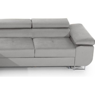 - Canapé d'angle convertible ARMEL en tissu velours luxe 5 places, couleur gris, avec coffre, angle gauche (vu de face)