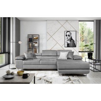 Canapé d'angle convertible ARMEL en tissu velours luxe 5 places, couleur gris, avec coffre, angle droit (vu de face)