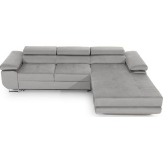 Canapé d'angle convertible ARMEL en tissu velours luxe 5 places, couleur gris, avec coffre, angle droit (vu de face)