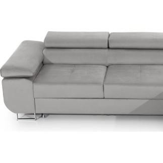 Canapé d'angle convertible ARMEL en tissu velours luxe 5 places, couleur gris, avec coffre, angle droit (vu de face)