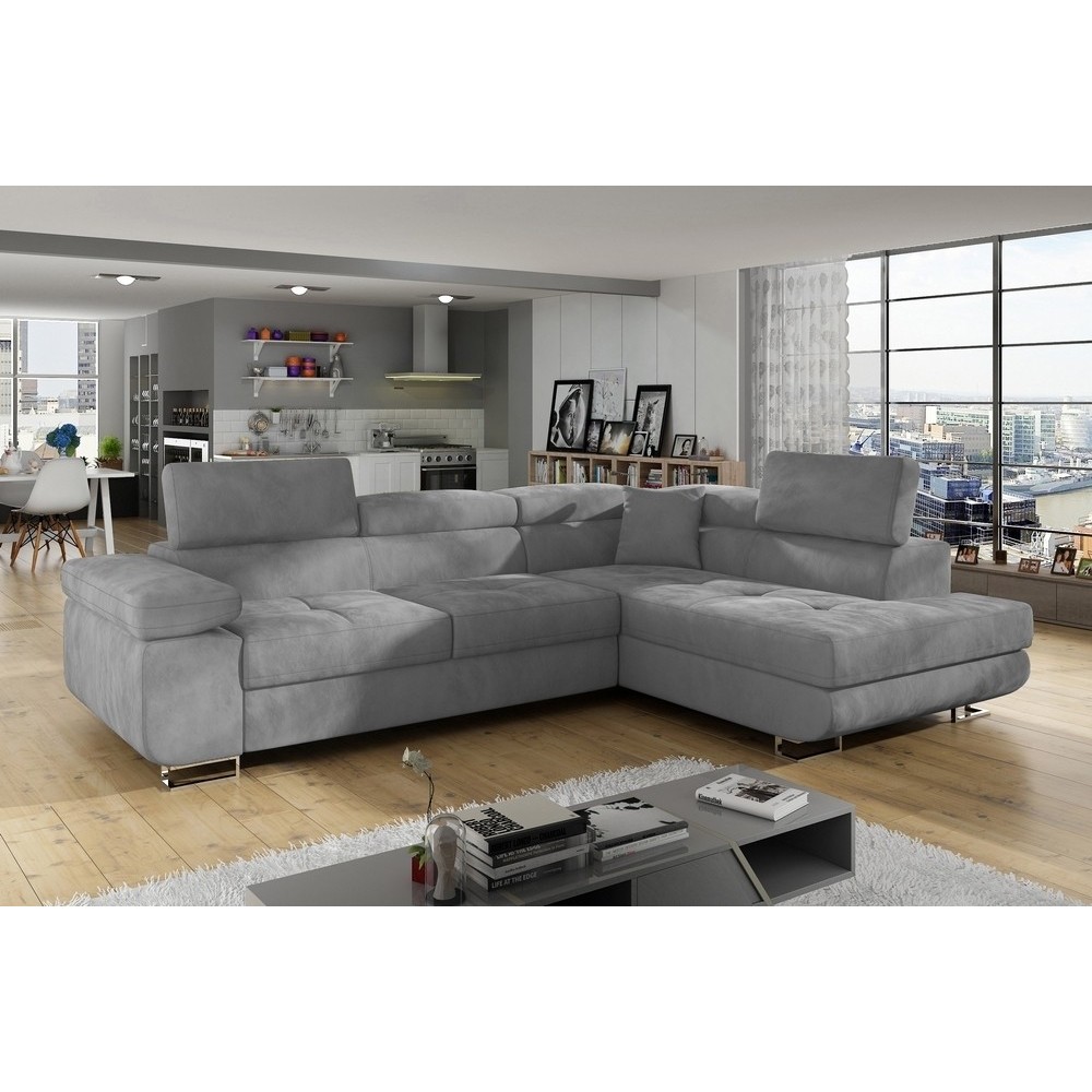 Canapé d'angle convertible en velours luxe 5 places, ANNECY VELOURS, couleur gris clair, angle droit (vu de face) Canapé d'angle convertible en velours luxe 5 places, ANNECY VELOURS, couleur gris clair, angle droit (vu de face)