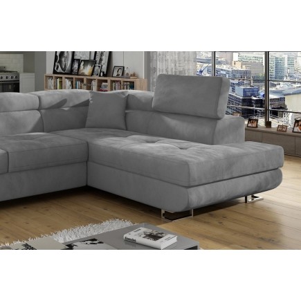 Canapé d'angle convertible en velours luxe 5 places, ANNECY VELOURS, couleur gris clair, angle droit (vu de face)