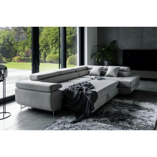 Canapé d'angle convertible en velours luxe 5 places, ANNECY VELOURS, couleur gris clair, angle droit (vu de face)