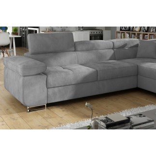 Canapé d'angle convertible en velours luxe 5 places, ANNECY VELOURS, couleur gris clair, angle droit (vu de face)