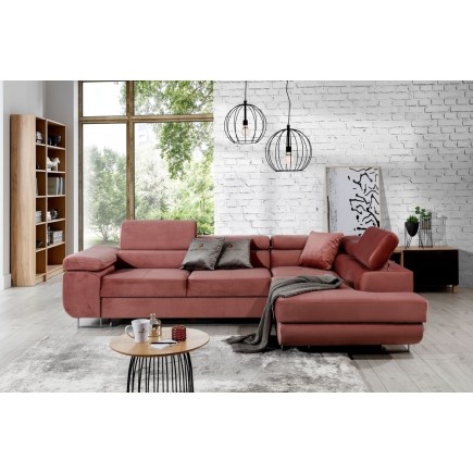 Canapé d'angle convertible en velours luxe 5 places, ANNECY VELOURS, couleur rose pale, angle droit (vu de face)