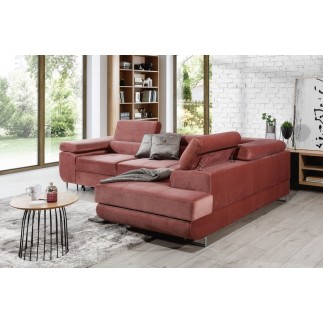 Canapé d'angle convertible en velours luxe 5 places, ANNECY VELOURS, couleur rose pale, angle droit (vu de face)