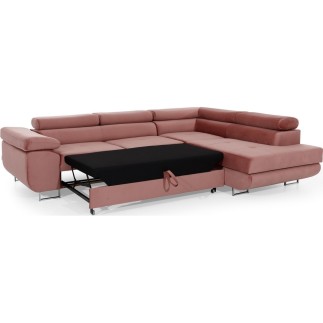 Canapé d'angle convertible en velours luxe 5 places, ANNECY VELOURS, couleur rose pale, angle droit (vu de face)