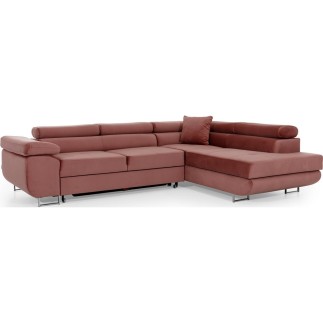 Canapé d'angle convertible en velours luxe 5 places, ANNECY VELOURS, couleur rose pale, angle droit (vu de face)