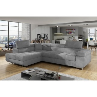 -Canapé d'angle convertible en velours luxe 5 places, avec coffre, gris clair, angle gauche (vu de face), ANNECY VELOURS