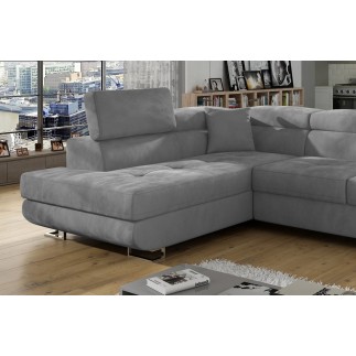 -Canapé d'angle convertible en velours luxe 5 places, avec coffre, gris clair, angle gauche (vu de face), ANNECY VELOURS