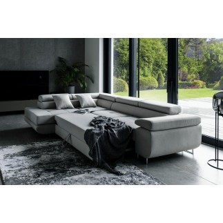 -Canapé d'angle convertible en velours luxe 5 places, avec coffre, gris clair, angle gauche (vu de face), ANNECY VELOURS
