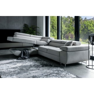 -Canapé d'angle convertible en velours luxe 5 places, avec coffre, gris clair, angle gauche (vu de face), ANNECY VELOURS