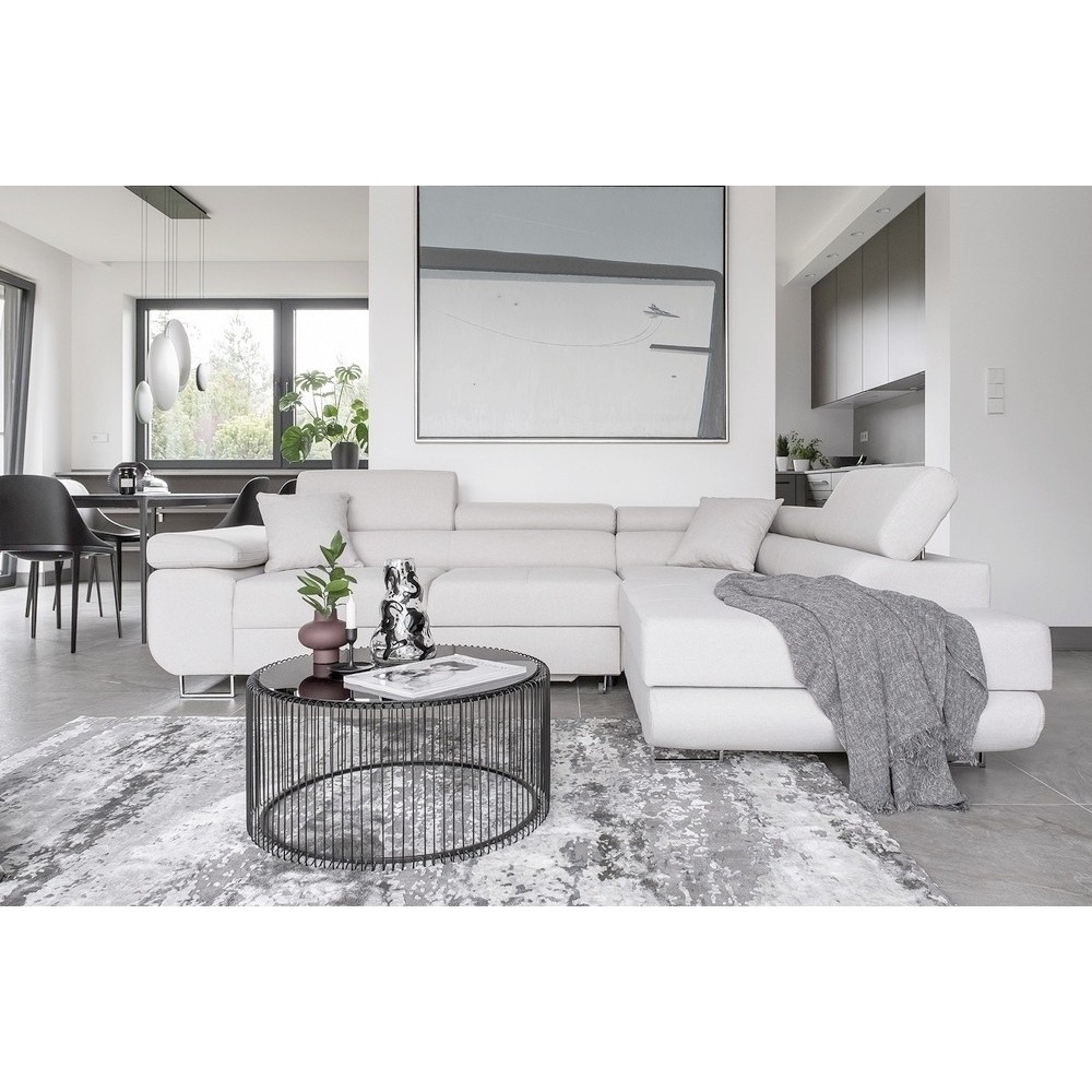 Canapé d'angle convertible en velours luxe 5 places, ANNECY VELOURS Luxe, couleur blanc, angle droit (vu de face)