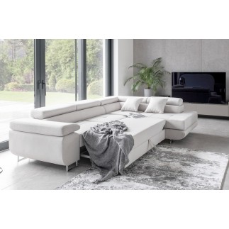 Canapé d'angle convertible en velours luxe 5 places, ANNECY VELOURS Luxe, couleur blanc, angle droit (vu de face)