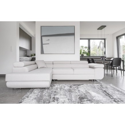 Canapé d'angle convertible en velours luxe 5 places, avec coffre, blanc, angle gauche (vu de face), ANNECY VELOURS Luxe
