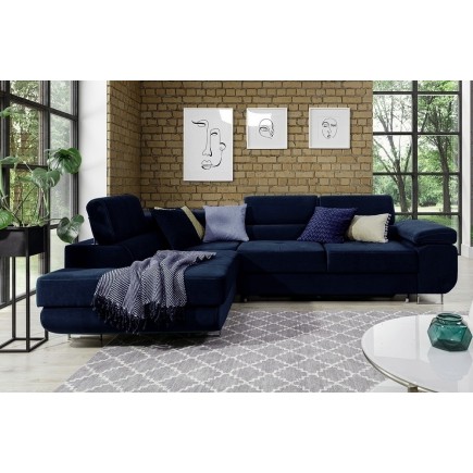 Canapé d'angle convertible en velours luxe 5 places, avec coffre, bleu foncé, angle gauche (vu de face), ANNECY VELOURS