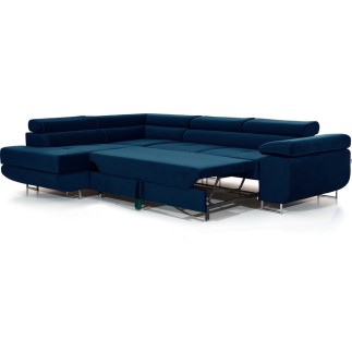 Canapé d'angle convertible en velours luxe 5 places, avec coffre, bleu foncé, angle gauche (vu de face), ANNECY VELOURS