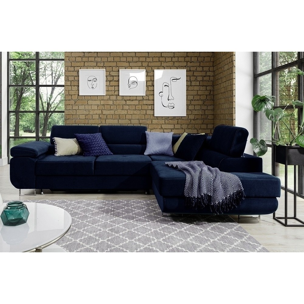 Canapé d'angle convertible en velours luxe 5 places, ANNECY VELOURS, couleur bleu foncé, angle droit (vu de face)