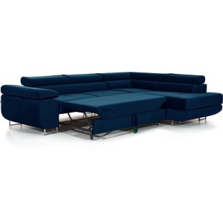 Canapé d'angle convertible en velours luxe 5 places, ANNECY VELOURS, couleur bleu foncé, angle droit (vu de face)