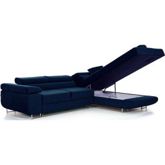 Canapé d'angle convertible en velours luxe 5 places, ANNECY VELOURS, couleur bleu foncé, angle droit (vu de face)