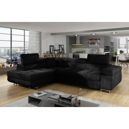 -Canapé d'angle convertible en velours luxe 5 places, avec coffre, noir, angle gauche (vu de face), ANNECY VELOURS