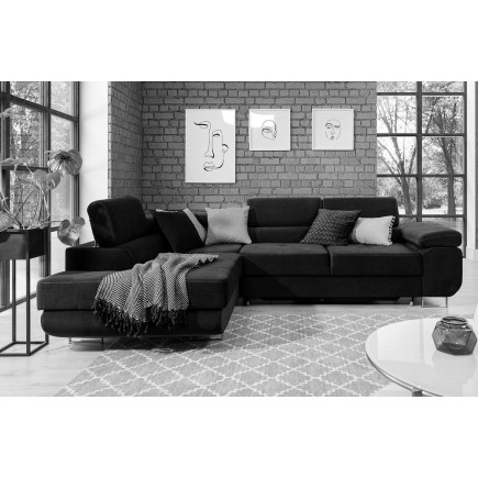 -Canapé d'angle convertible en velours luxe 5 places, avec coffre, noir, angle gauche (vu de face), ANNECY VELOURS
