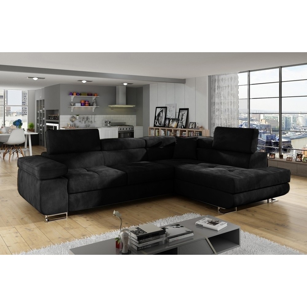 Canapé d'angle convertible en velours luxe 5 places, ANNECY VELOURS, couleur noir, angle droit (vu de face) Canapé d'angle convertible en velours luxe 5 places, ANNECY VELOURS, couleur noir, angle droit (vu de face)