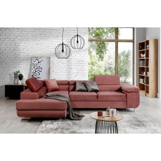 -Canapé d'angle convertible en velours luxe 5 places, avec coffre, rose pale, angle gauche (vu de face), ANNECY VELOURS