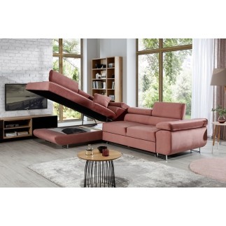 -Canapé d'angle convertible en velours luxe 5 places, avec coffre, rose pale, angle gauche (vu de face), ANNECY VELOURS