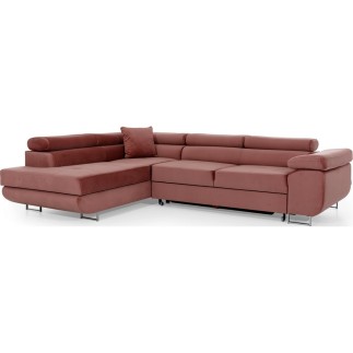 -Canapé d'angle convertible en velours luxe 5 places, avec coffre, rose pale, angle gauche (vu de face), ANNECY VELOURS