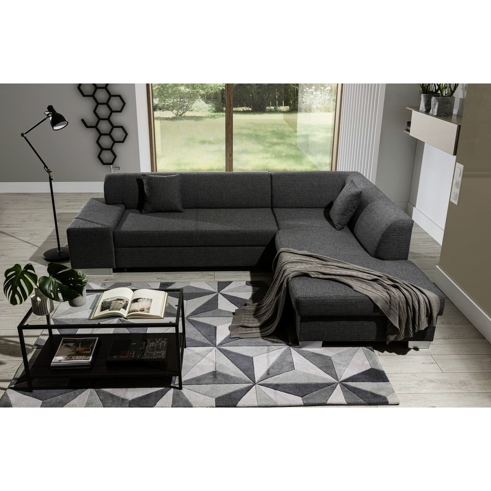 Canapé d'angle convertible en tissu luxe 5 places, coffre, gris foncé, angle droit (vu de face), PORTOFINO Canapé d'angle convertible en tissu luxe 5 places, coffre, gris foncé, angle droit (vu de face), PORTOFINO