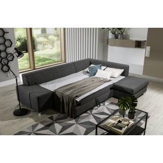 Canapé d'angle convertible en tissu luxe 5 places, coffre, gris foncé, angle droit (vu de face), PORTOFINO