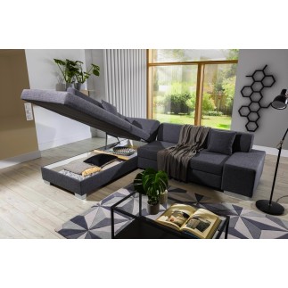 Canapé d'angle convertible en tissu luxe 5 places, coffre - gris foncé, angle gauche (vu de face), PORTOFINO