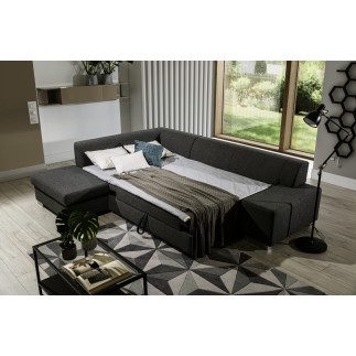 Canapé d'angle convertible en tissu luxe 5 places, coffre - gris foncé, angle gauche (vu de face), PORTOFINO