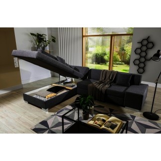 Canapé d'angle convertible en tissu luxe 5 places, coffre - noir, angle gauche (vu de face), PORTOFINO