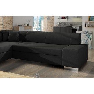 Canapé d'angle convertible en tissu luxe 5 places, coffre - noir, angle gauche (vu de face), PORTOFINO