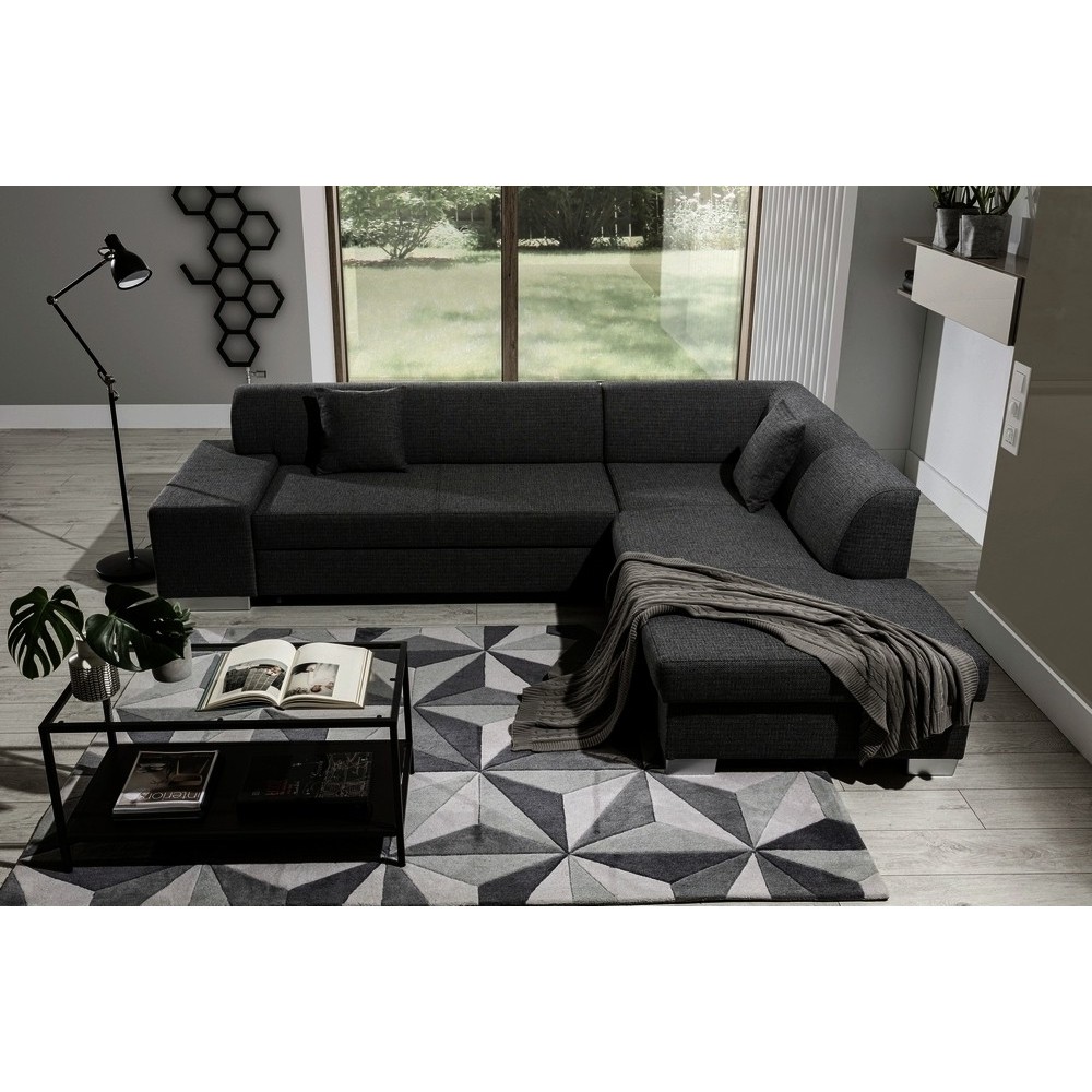 Canapé d'angle convertible en tissu luxe 5 places, coffre, noir, angle droit (vu de face), PORTOFINO Canapé d'angle convertible en tissu luxe 5 places, coffre, noir, angle droit (vu de face), PORTOFINO