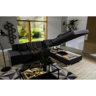 Canapé d'angle convertible en tissu luxe 5 places, coffre, noir, angle droit (vu de face), PORTOFINO