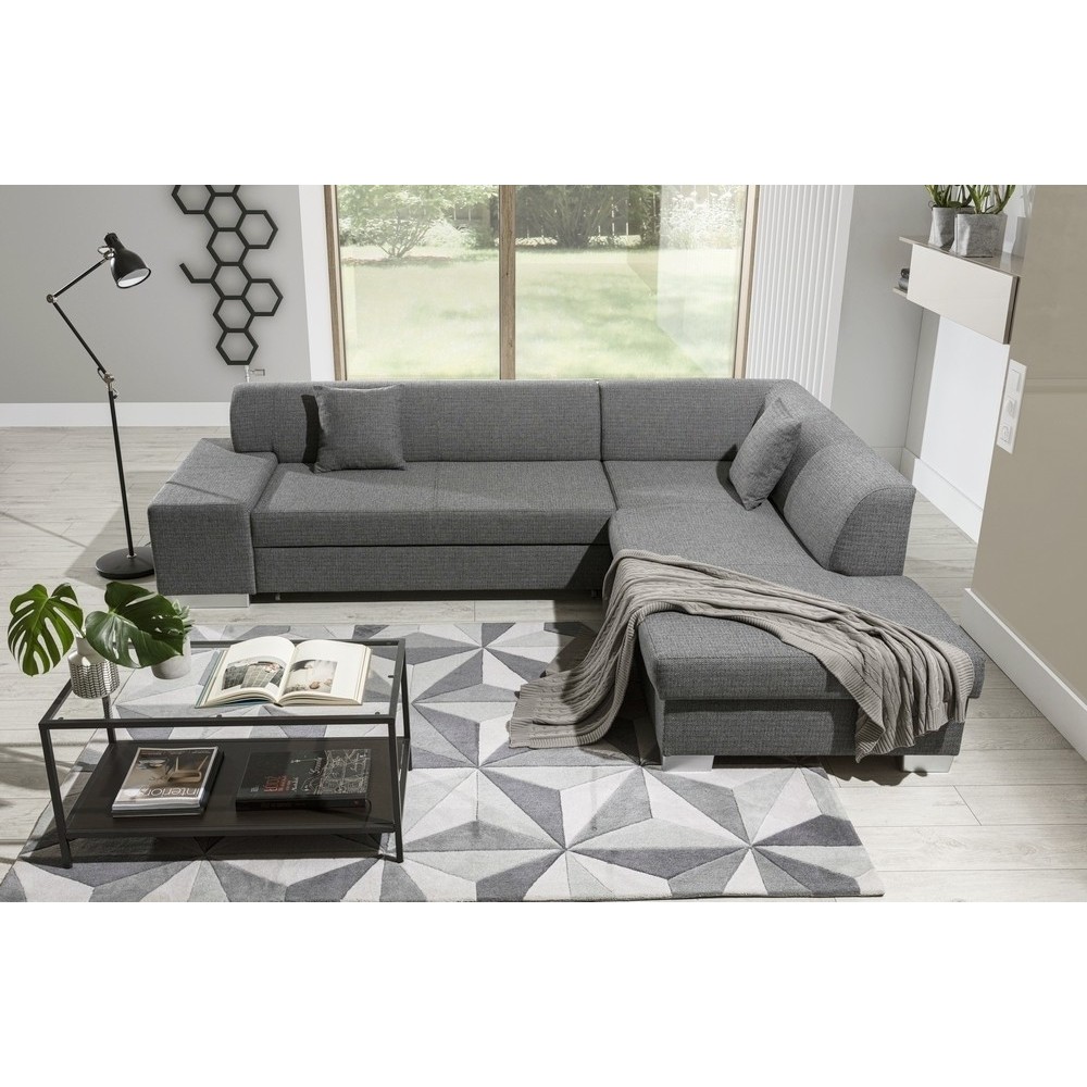 Canapé d'angle convertible en tissu luxe 5 places, coffre, gris clair, angle droit (vu de face), PORTOFINO Canapé d'angle convertible en tissu luxe 5 places, coffre, gris clair, angle droit (vu de face), PORTOFINO